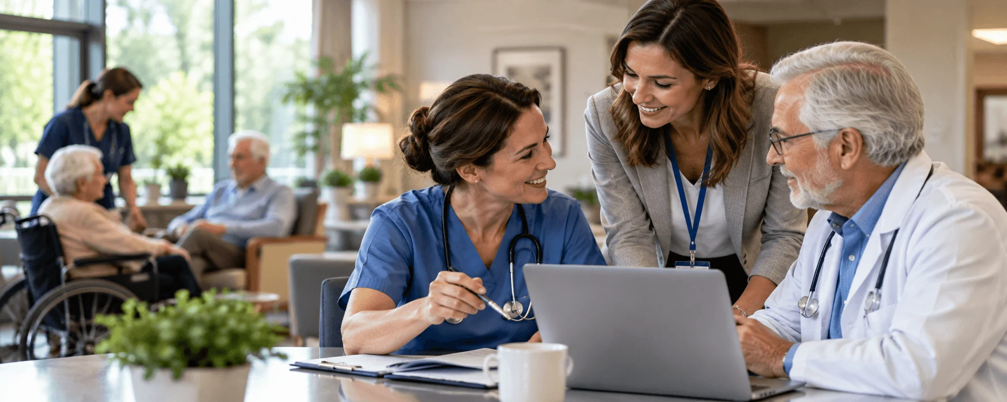 Two healthcare professionals review information with an elderly patient at a table in a bright, communal care facility, using a laptop.