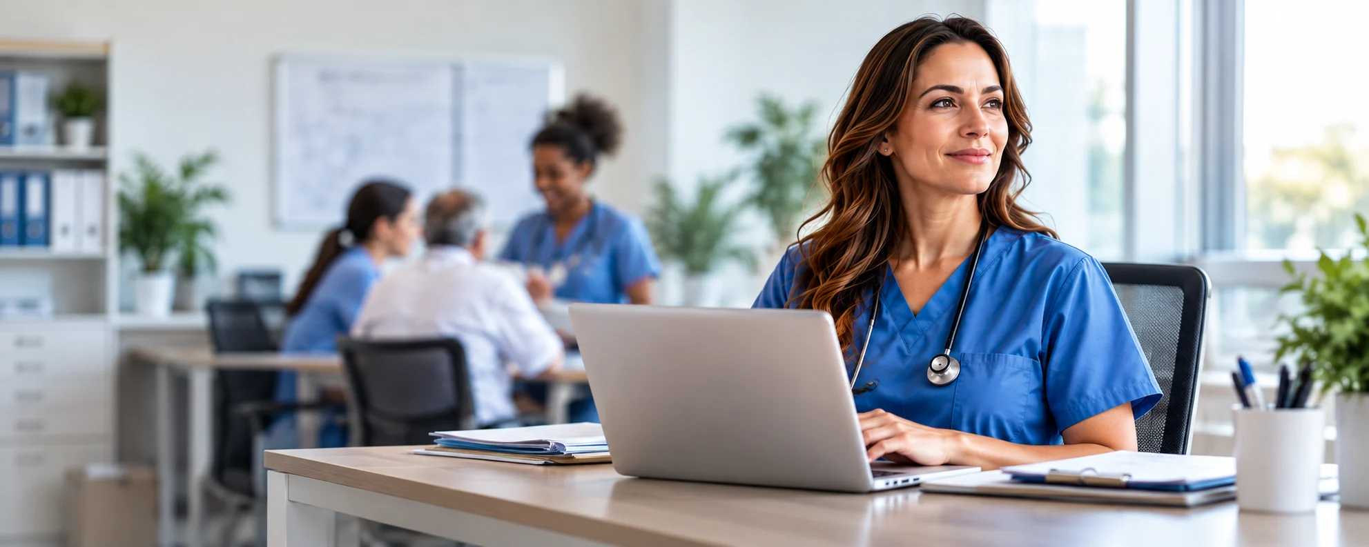 Female nurse in blue scrubs with a stethoscope sits at a desk with a laptop, while a team discusses in a bright clinic behind her.